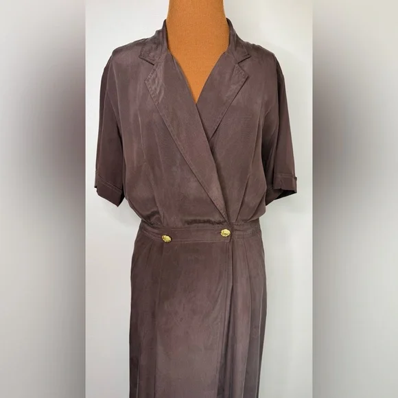 Robbie Bee Silk Chocolate Brown Maxi Length Wrap Dress Short Sleeve Size 12 - Picture 2 of 7